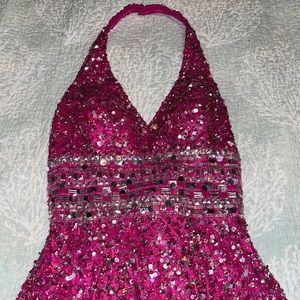 Bedazzled sparkly hot pink body con halter dress!